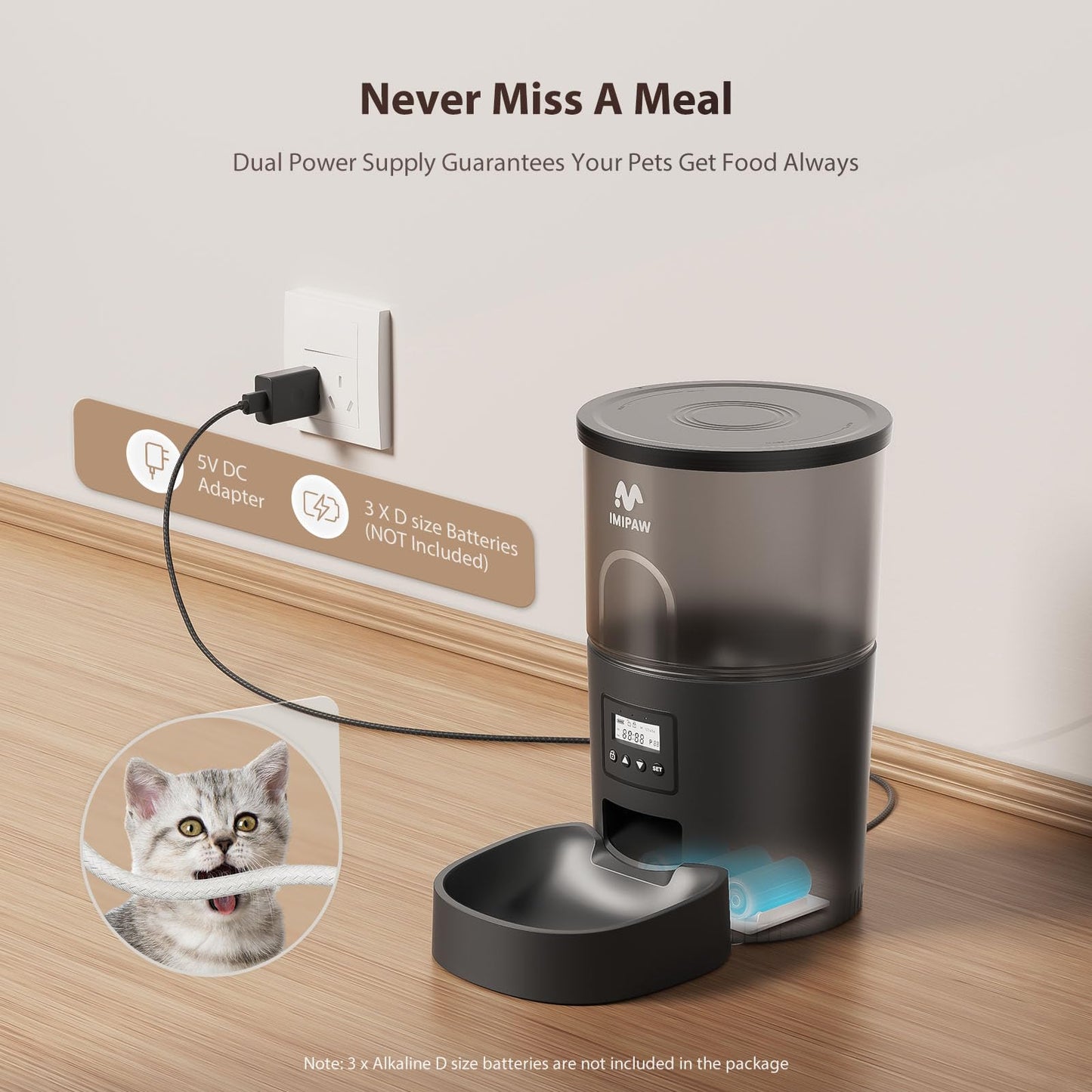 IMIPAW Automatic Cat Feeders, 3L Timed Cat Dry Food Dispenser, Dual Power Supply, Programmable Portion Size, 1-6 Meals Per Day, Auto Pet Feeder for Cats and Small Dogs