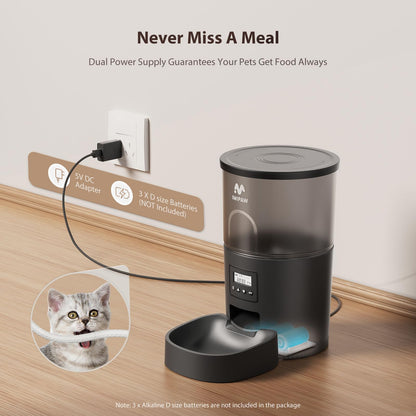 IMIPAW Automatic Cat Feeders, 3L Timed Cat Dry Food Dispenser, Dual Power Supply, Programmable Portion Size, 1-6 Meals Per Day, Auto Pet Feeder for Cats and Small Dogs