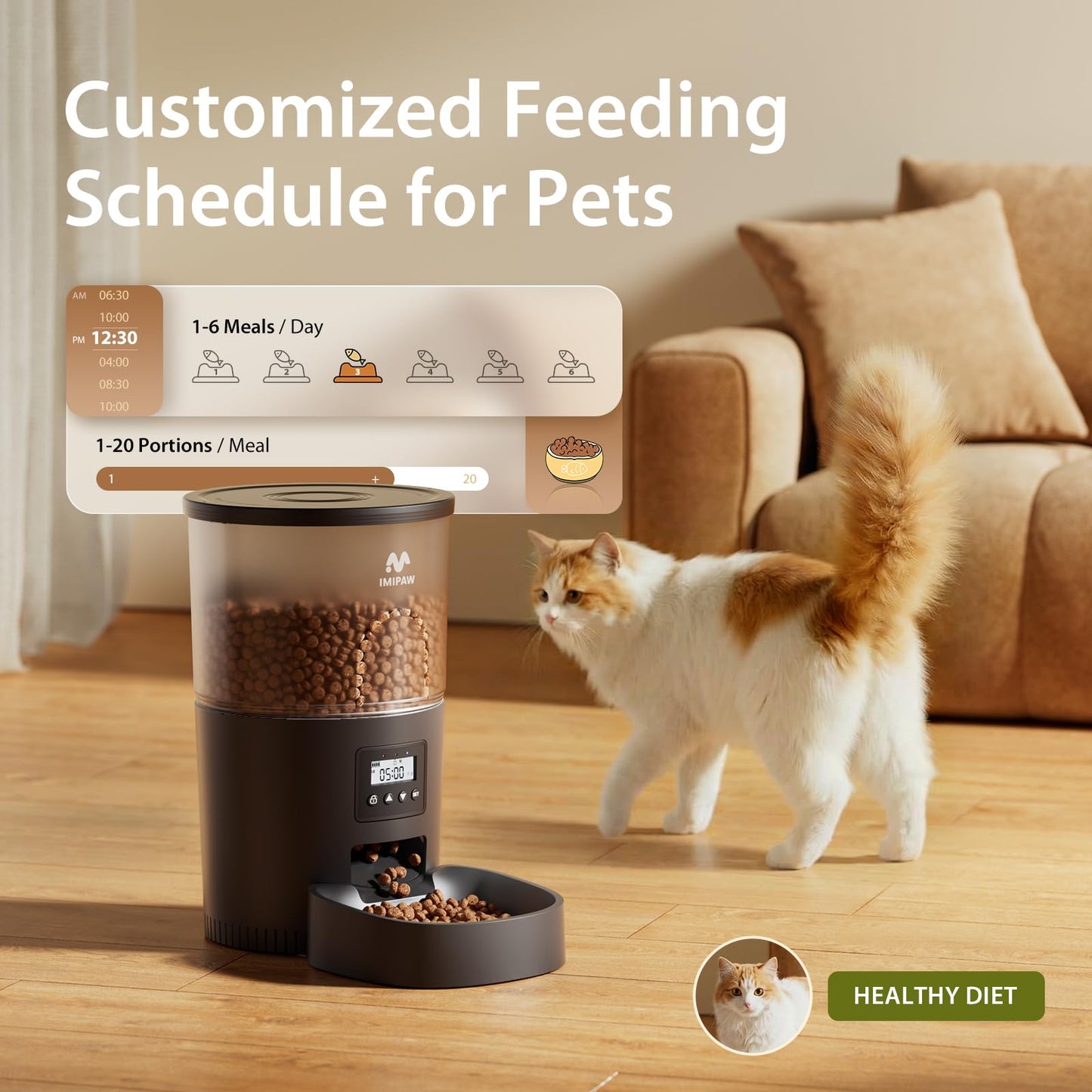 IMIPAW Automatic Cat Feeders, 3L Timed Cat Dry Food Dispenser, Dual Power Supply, Programmable Portion Size, 1-6 Meals Per Day, Auto Pet Feeder for Cats and Small Dogs