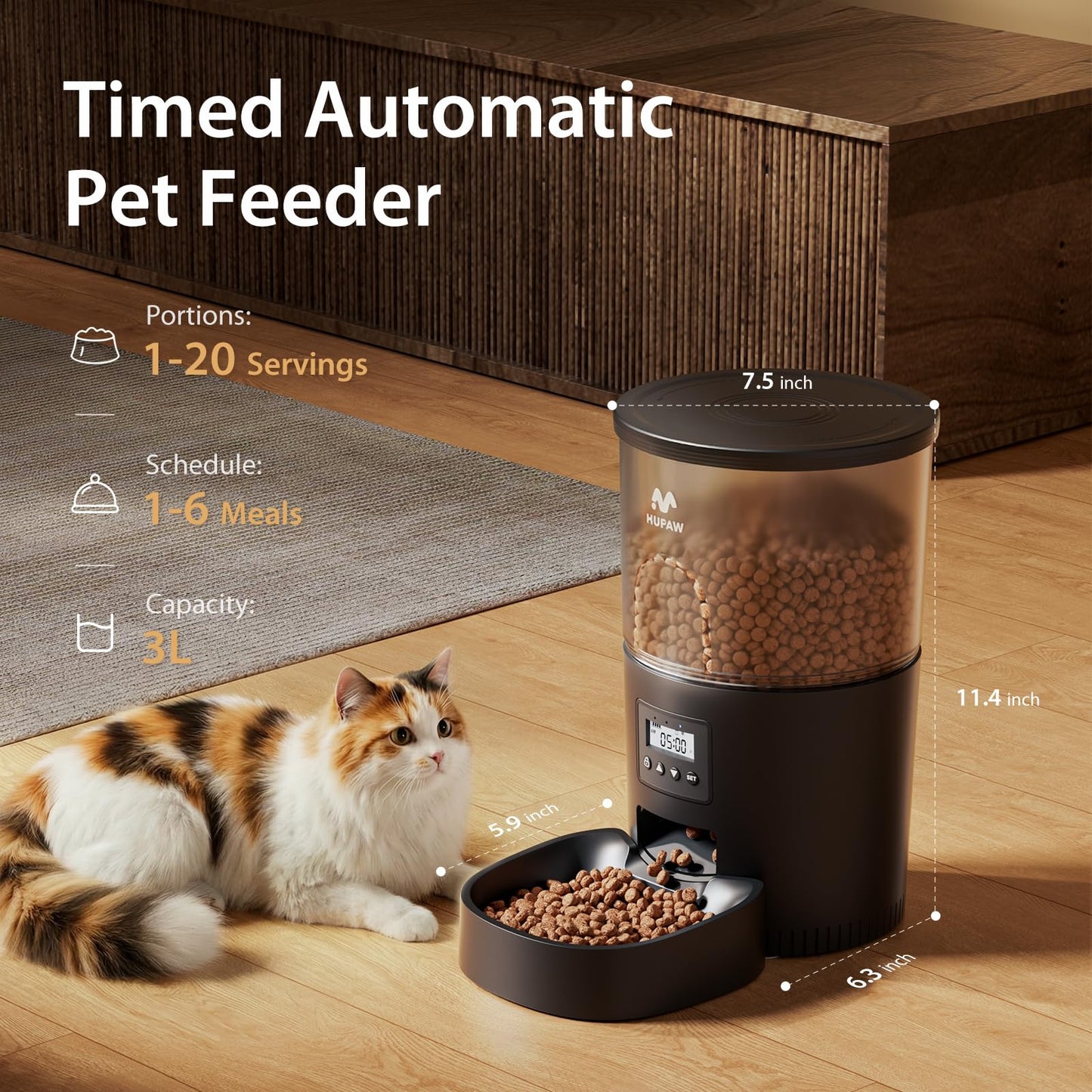 IMIPAW Automatic Cat Feeders, 3L Timed Cat Dry Food Dispenser, Dual Power Supply, Programmable Portion Size, 1-6 Meals Per Day, Auto Pet Feeder for Cats and Small Dogs